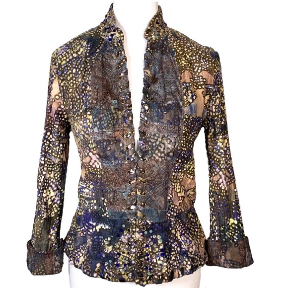 Alberto Makali Embellished Rhinestone Whipstitch Beaded Lace Blue Gray Jacket 4 - Picture 2 of 14